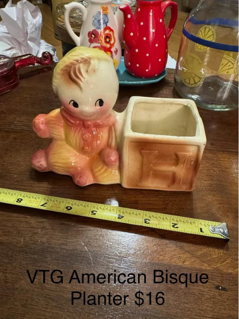 Vintage American Bisque Pottery rag doll planter